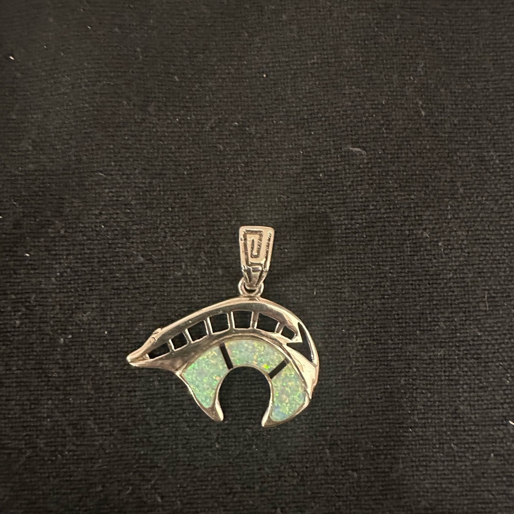 Sterling silver heart line bear pendant with opal and black onyx